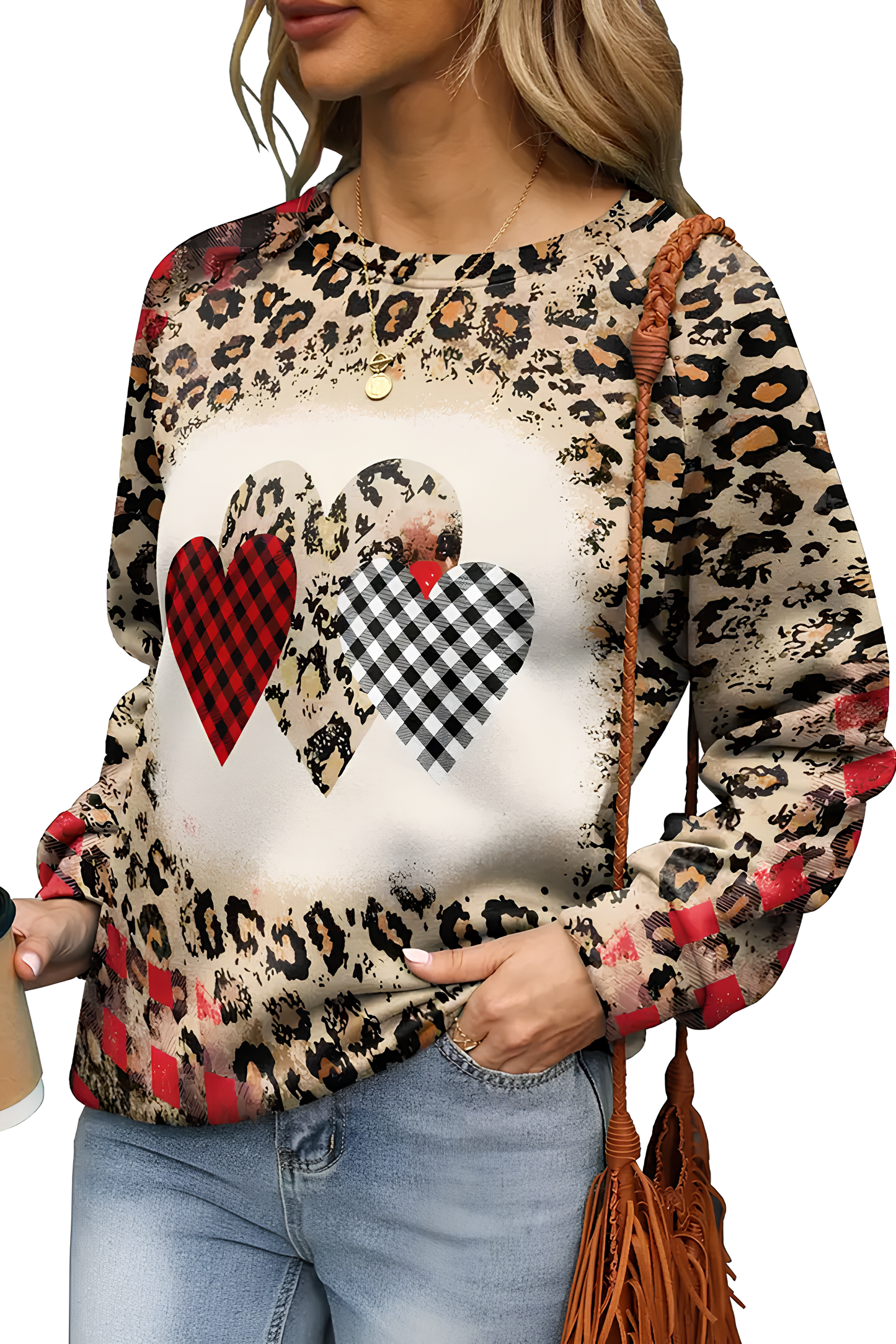 Leopar ve Ekose Kalp Desenli Polyester Sweatshirt - Dayanıklı Baskı