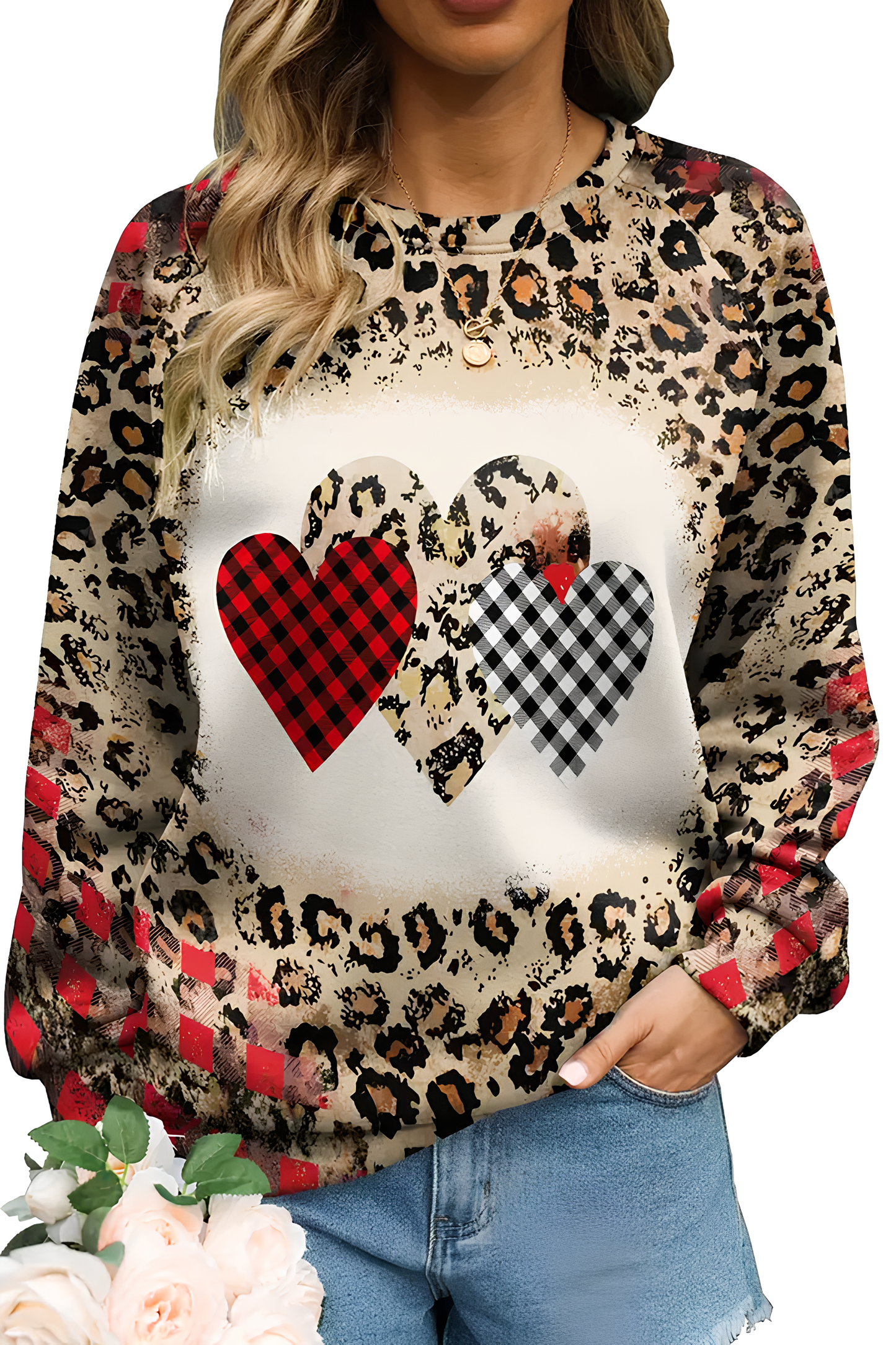 Leopar ve Ekose Kalp Desenli Polyester Sweatshirt - Dayanıklı Baskı