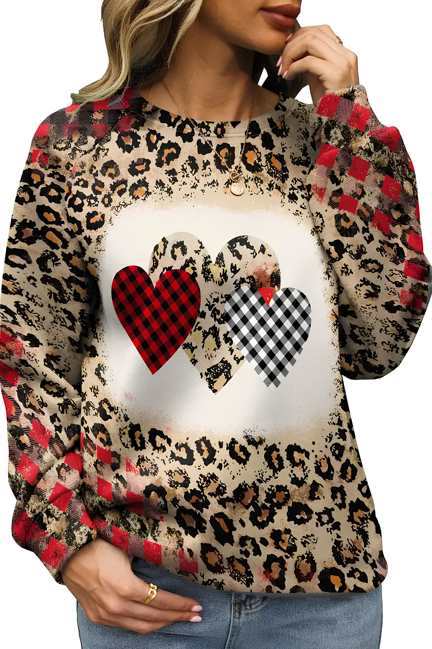Leopar ve Ekose Kalp Desenli Polyester Sweatshirt - Dayanıklı Baskı