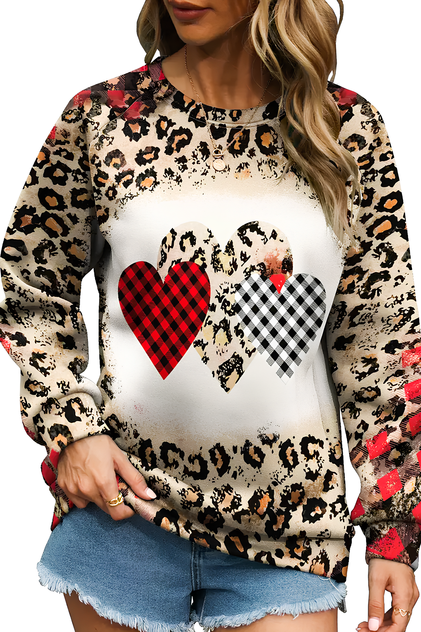 Leopar ve Ekose Kalp Desenli Polyester Sweatshirt - Dayanıklı Baskı