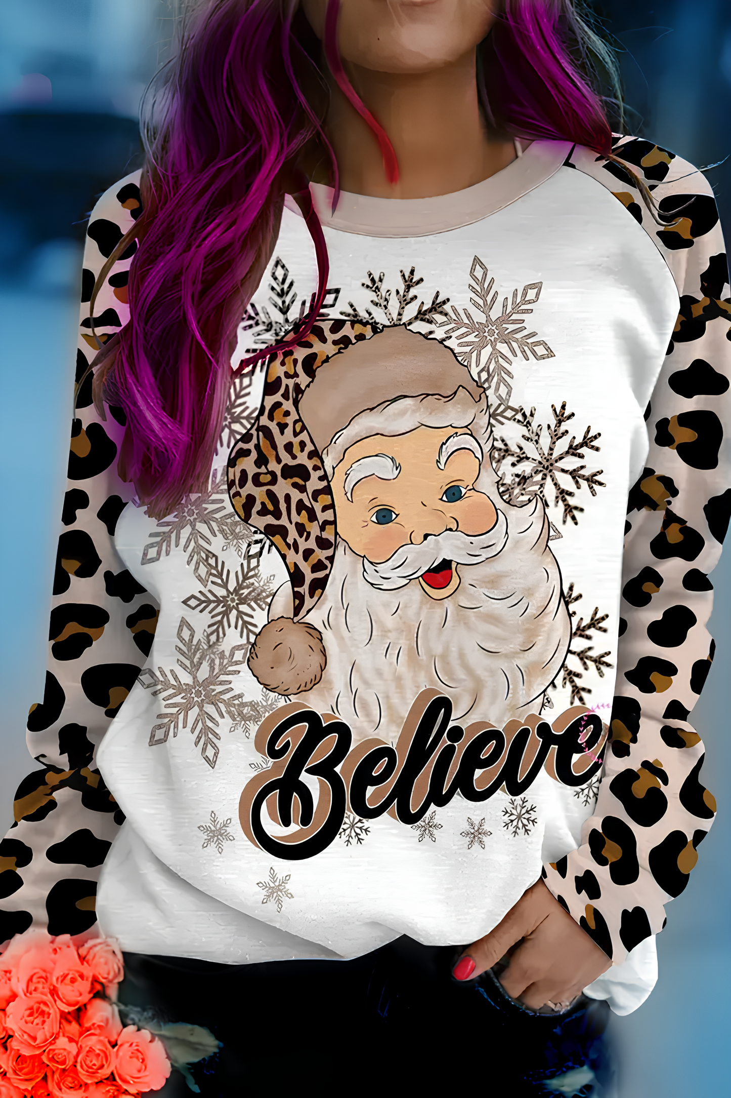 Leopar Desenli Noel Baba Baskılı Hoodie/Sweatshirt