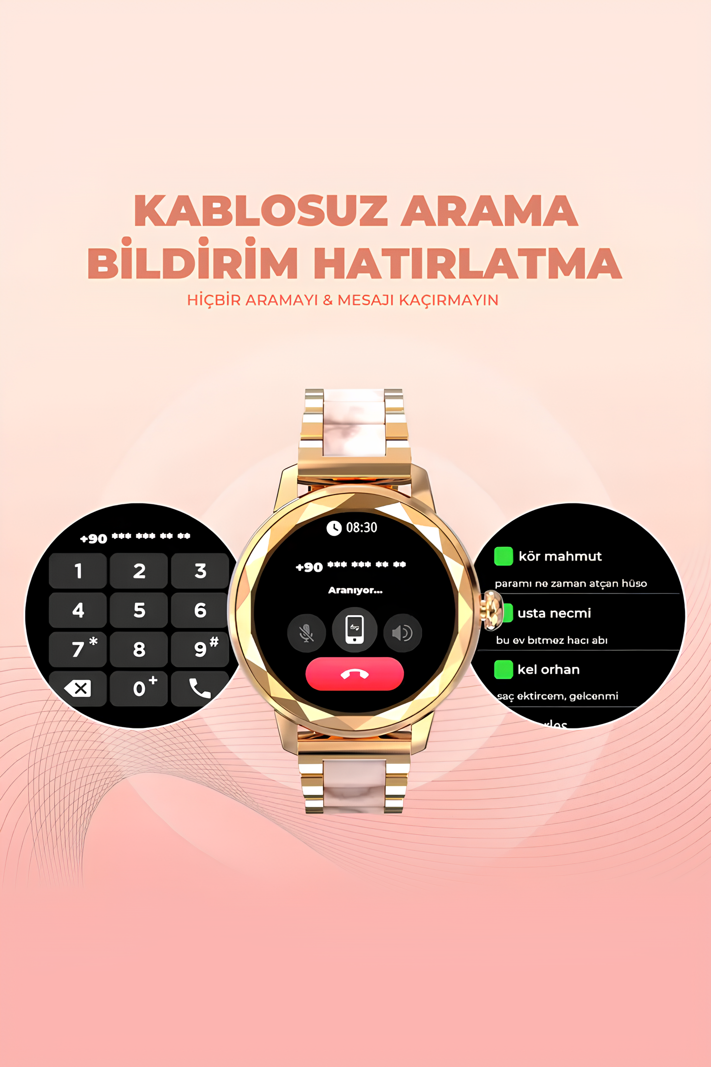 Kadın Akıllı Saat – Lüks Altın Çelik, Nabız ve Adım Sayar, Bluetooth Arama, Müzik Kontrolü