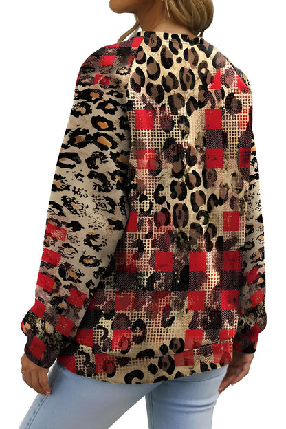 Leopar ve Ekose Kalp Desenli Polyester Sweatshirt - Dayanıklı Baskı