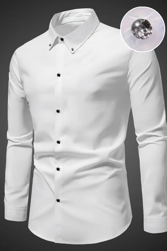 Premium Beyaz Erkek Gömleği - Şık Düğme Detaylı, Polyester, Olgun Stil, Tüm Sezon Kullanıma Uygun