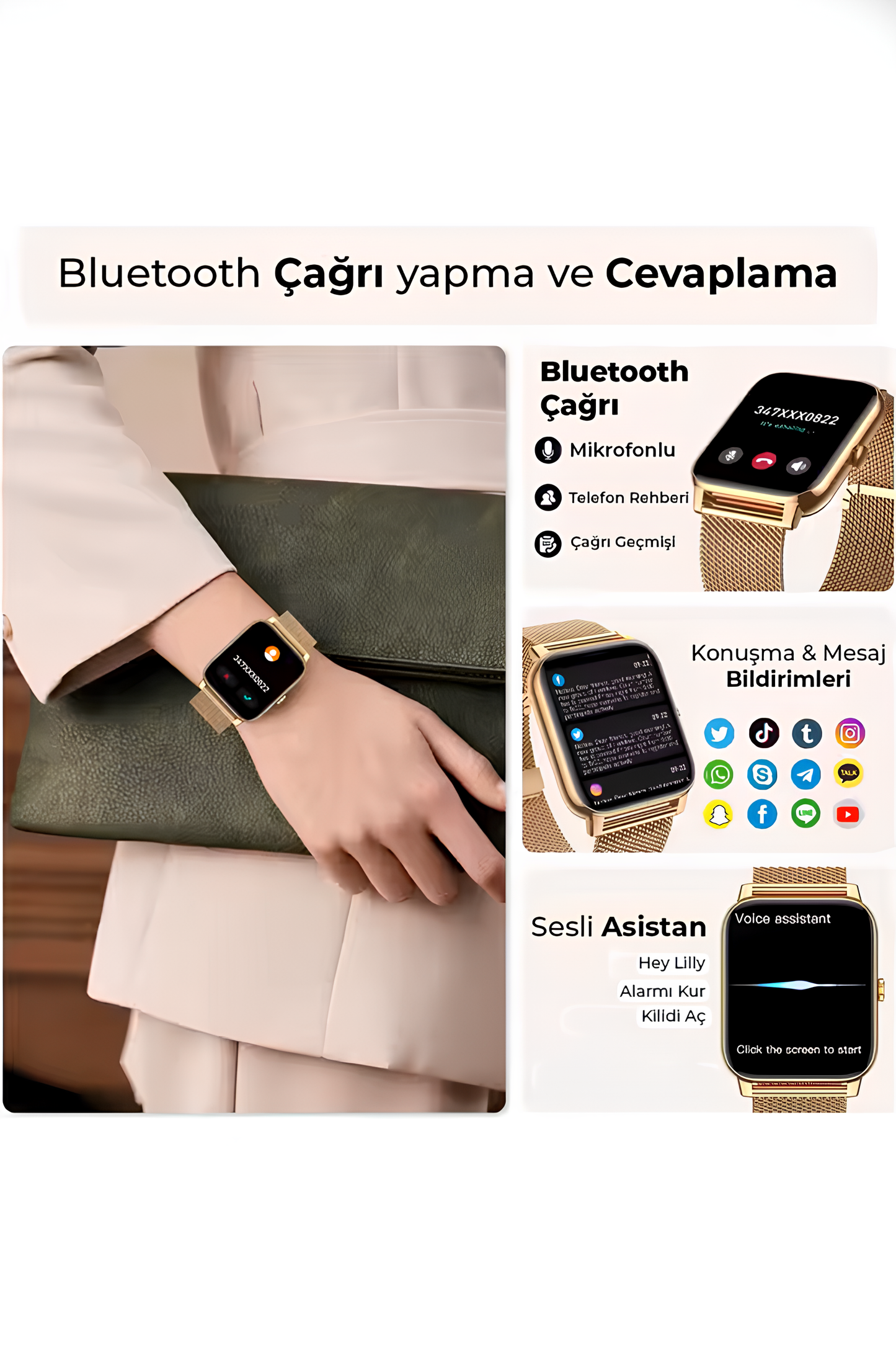 Bluetooth Görüşmeli Akıllı Saat Mikrofonlu, Mesaj Bildirimli, Sesli Asistanlı