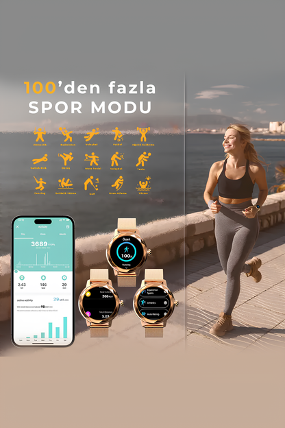 Kadın Akıllı Saat – Lüks Altın Çelik, Nabız ve Adım Sayar, Bluetooth Arama, Müzik Kontrolü